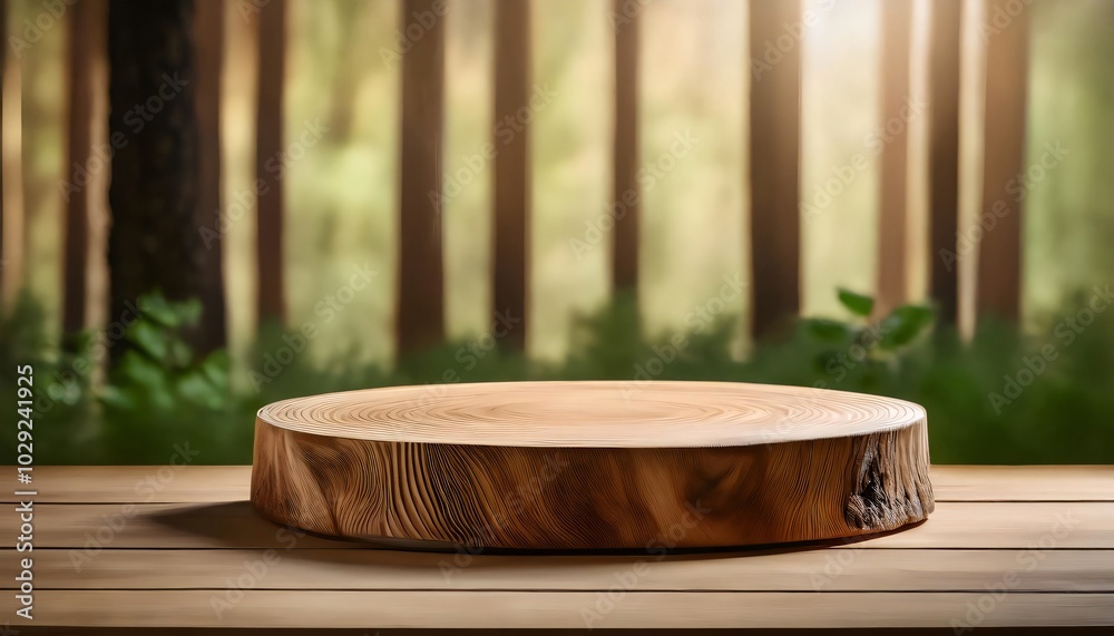 Empty round wooden podium presenting new product in the woods Empty round wooden podium presenting new product in the woods