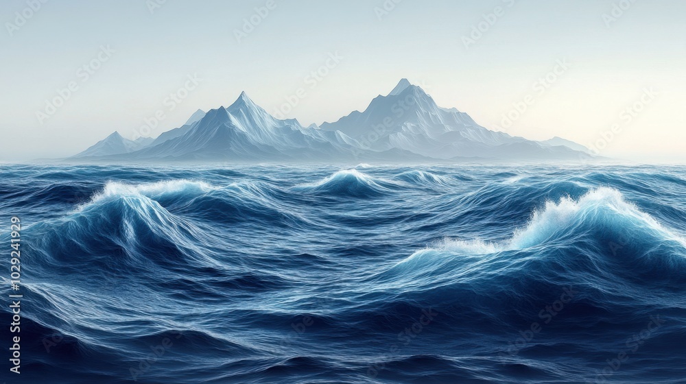 Geometric Ocean Landscape, low-poly design featuring stylized waves, distant islands, vibrant colors, serene atmosphere, modern aesthetic