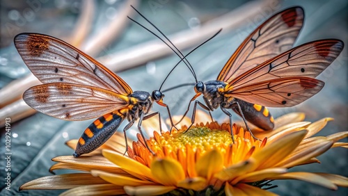 Surreal Encounter of Threadwinged Lacewings on a Vibrant Yellow Flower photo