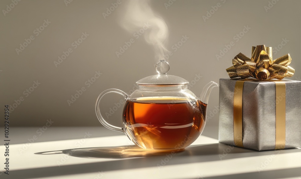 A tea pot with steam coming out of it sits on a table next to a silver box A tea pot with steam coming out of it sits on a table next to a silver box