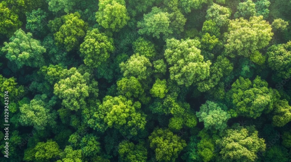 Naklejka premium Lush green forest landscape, a tranquil canopy of trees and sunlight dappled patterns on the forest floor
