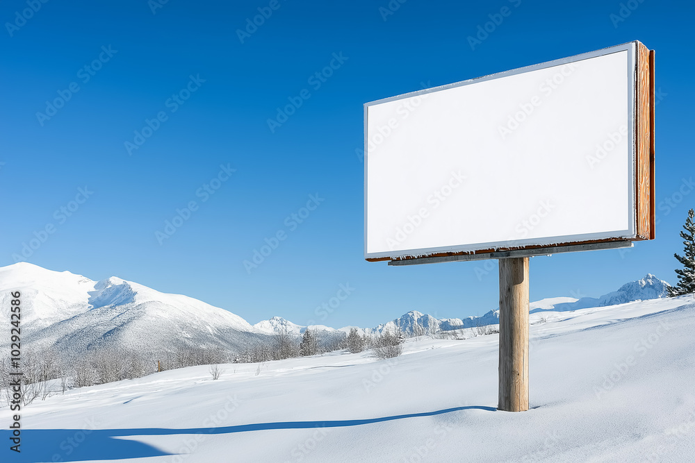 Blank billboard stands in a snowy landscape with mountains in the background, set against a vibrant blue sky, offering a perfect space for outdoor advertising. Blank billboard stands in a snowy landscape with mountains in the background, set against a vibrant blue sky, offering a perfect space for outdoor advertising.