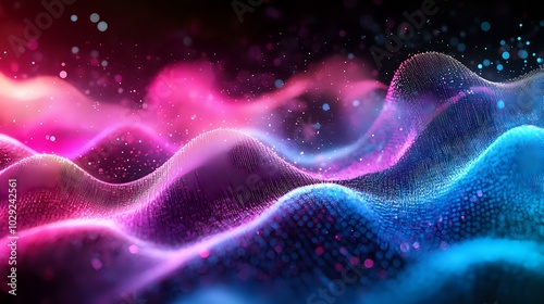 Glowing digital particle waves forming holographic effects in a gradient of bright neon pink, blue, and purple, creating a futuristic wallpaper