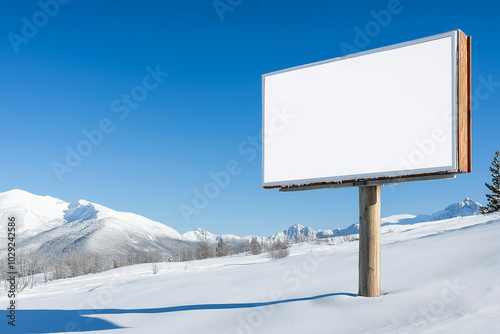 Blank billboard stands in a snowy landscape with mountains in the background, set against a vibrant blue sky, offering a perfect space for outdoor advertising.