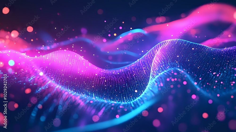 Glowing holographic particle waves in motion, set against a gradient background of bright neon blue and purple, creating a high-tech digital vibe Glowing holographic particle waves in motion, set against a gradient background of bright neon blue and purple, creating a high-tech digital vibe