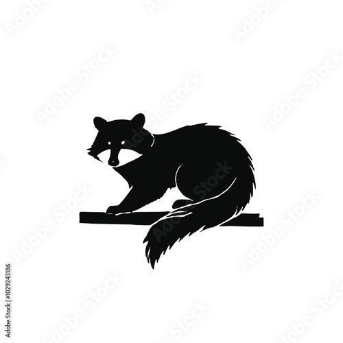 A black silhouette of a raccoon with a bushy tail 