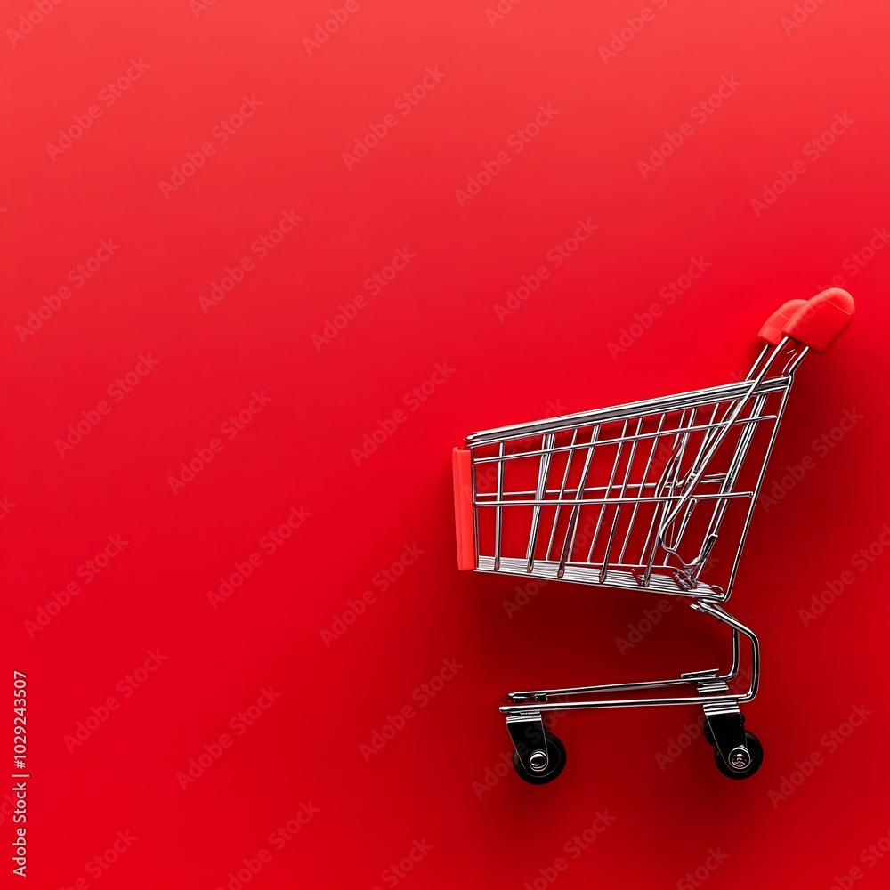 A shopping cart on a vibrant red background, symbolizing retail and consumerism. A shopping cart on a vibrant red background, symbolizing retail and consumerism.