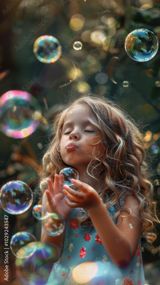 Little girl blowing bubbles, 4K hyperrealistic photo Little girl blowing bubbles, 4K hyperrealistic photo