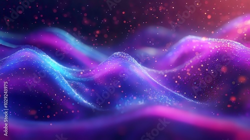 Holographic waves of particles forming dynamic shapes in neon purple, blue, and pink, flowing across a gradient digital background