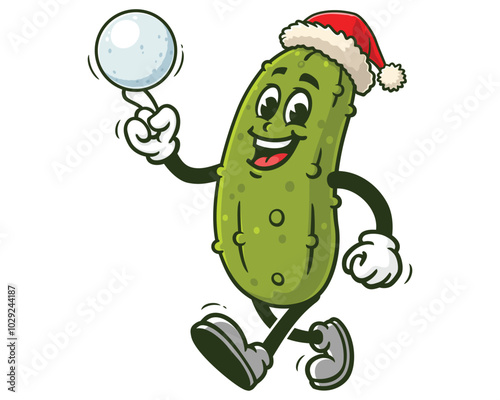Pickle playing Snowballs and wearing Christmas Hat, Cartoon Mascot Illustration Character Vector Clip-art Hand-drawn Logo Design