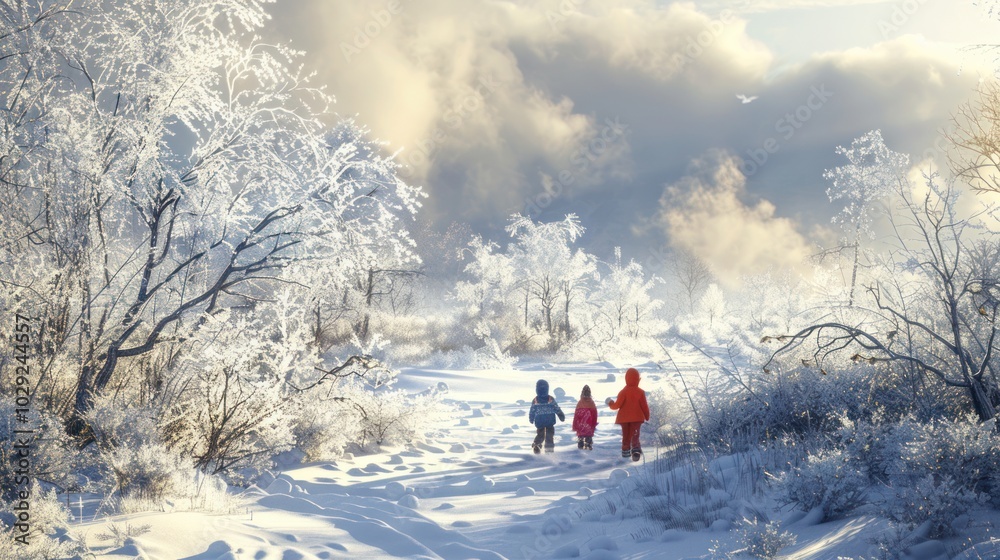 Three Children Walking Through A Snowy Forest Three Children Walking Through A Snowy Forest
