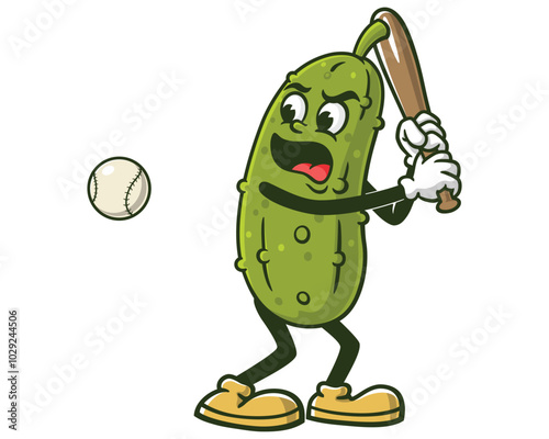 Pickle playing Baseball, Cartoon Mascot Illustration Character Vector Clip-art Hand-drawn Logo Design