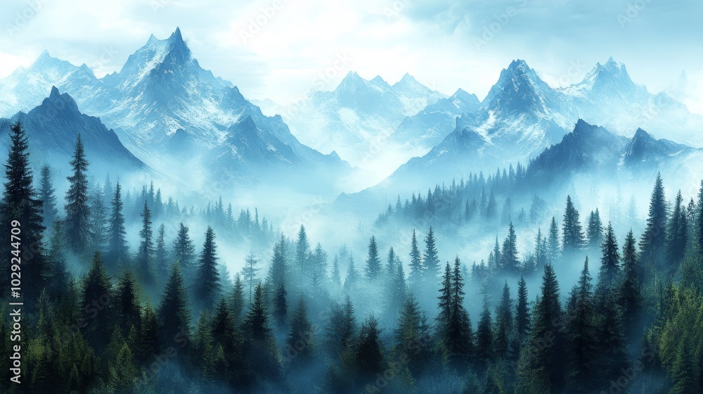 Misty mountain range with pine trees breathtaking nature photography scenic landscape view Misty mountain range with pine trees breathtaking nature photography scenic landscape view