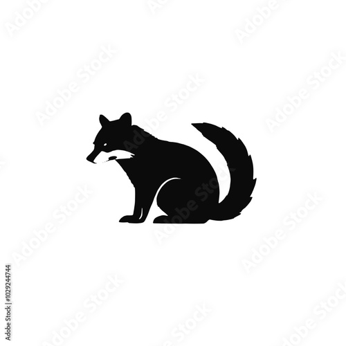 A black silhouette of a raccoon with a bushy tail 