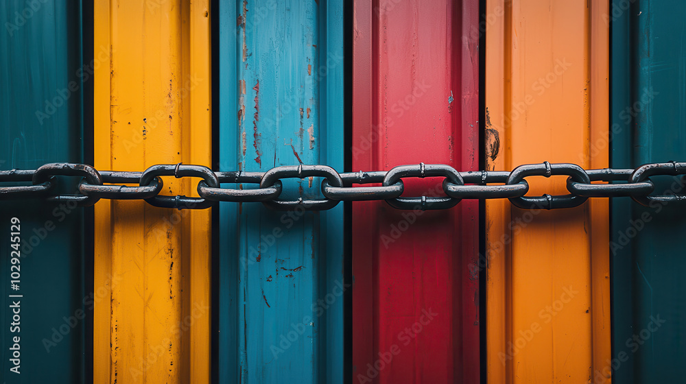 broken chain blocking shipping container symbolizes restriction and security against unauthorized access. vibrant colors of containers add striking contrast to heavy chain broken chain blocking shipping container symbolizes restriction and security against unauthorized access. vibrant colors of containers add striking contrast to heavy chain