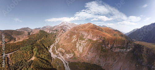 Panorama of Georgian mountains including Kazbek in the autumn