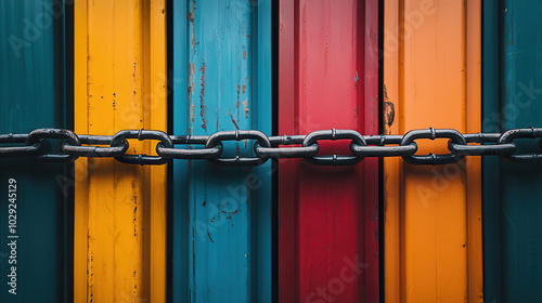 broken chain blocking shipping container symbolizes restriction and security against unauthorized access. vibrant colors of containers add striking contrast to heavy chain photo