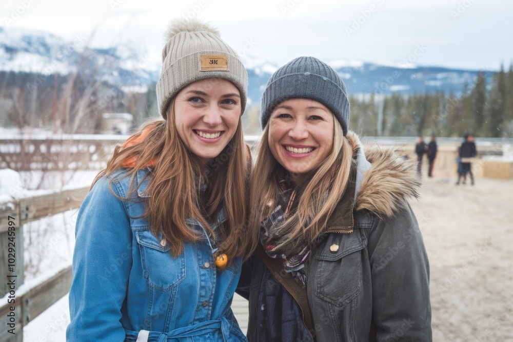 Two best friends smiling in winter coats, standing in front of a scenic snowy mountain landscape, outdoor winter adventure, happy memories Two best friends smiling in winter coats, standing in front of a scenic snowy mountain landscape, outdoor winter adventure, happy memories