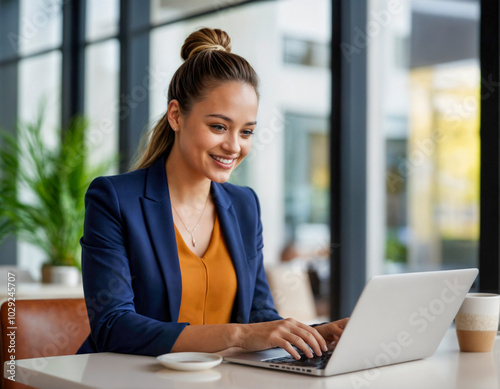 Young smiling woman working on a laptop in a modern office