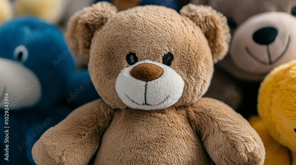 Close-up of smiling teddy bear in toy collection, soft childhood memory Close-up of smiling teddy bear in toy collection, soft childhood memory