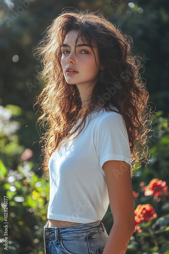 A female model with curly brown hair wearing a blank white t-shirt, standing in a flower garden, soft light, side view, serene expression.