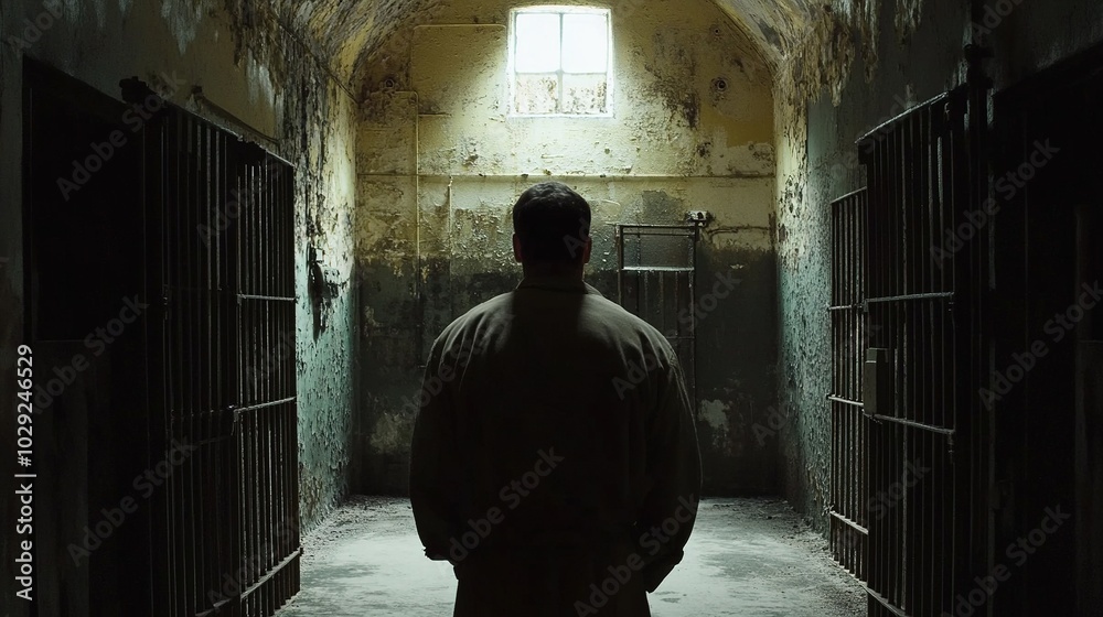 silhouette Image of an adult male behind bars in a jail cell silhouette Image of an adult male behind bars in a jail cell