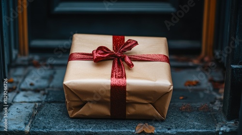 A beautifully wrapped gift box with a red ribbon sits on a doorstep, ready to be opened. photo