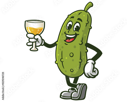 Pickle holding a glass of wine, Cartoon Mascot Illustration Character Vector Clip-art Hand-drawn Logo Design