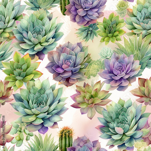 Vibrant succulent pattern showcasing diverse shapes and colors on a soft pastel background