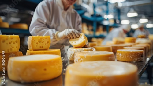 Detailed dairy factory equipment workers inspecting cheese wheels photo-realistic clarity