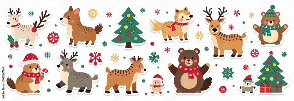 Fototapeta premium Christmas winter stickers collection for kids, seasonal design, cute animals and elements for scrapbook
