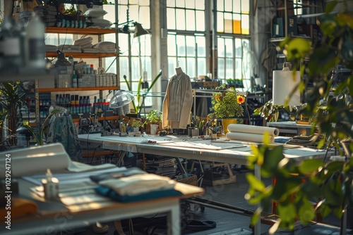 Detailed sustainable fashion workshop with designers creating eco-friendly clothing ultra-high detail photo