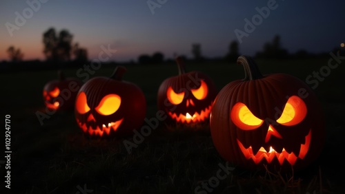 Glowing Jack-o'-Lanterns Illuminated at Sunset with a Gradual Fade into Darkness