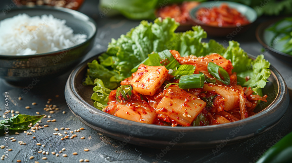 A vibrant plate of spicy kimchi arranged alongside fresh lettuce leaves and a bowl of steamed rice, all set on a minimalist ceramic dish. A vibrant plate of spicy kimchi arranged alongside fresh lettuce leaves and a bowl of steamed rice, all set on a minimalist ceramic dish.