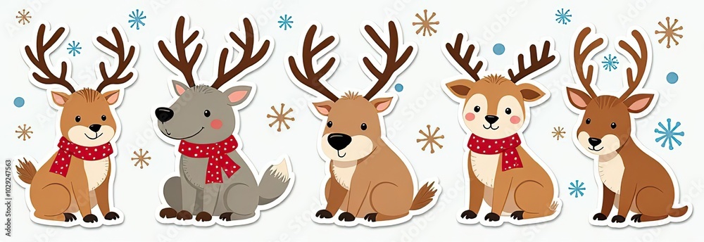 Fototapeta premium Christmas winter stickers collection for kids, seasonal design, cute animals and elements for scrapbook
