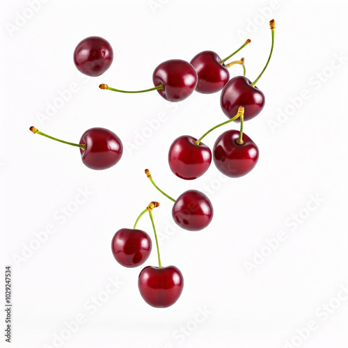 fresh red cherries falling against white background