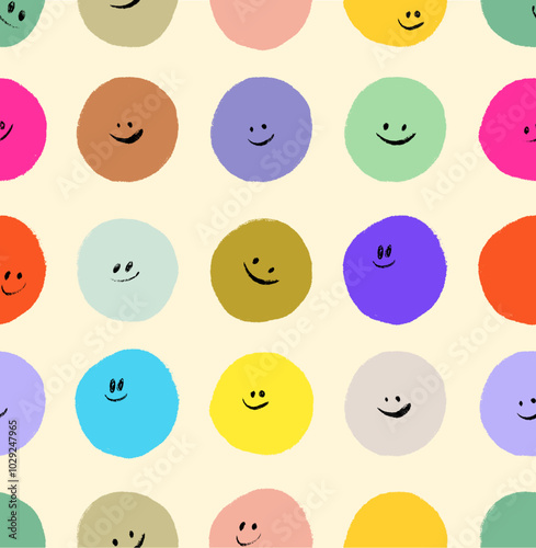 Seamless pattern with happy smiley colorful. Smiling colored emoticons. Hand drawn vector pattern for kids. Template good for fabric, background, textile, giftware, wallpaper, book, wrapping paper.
