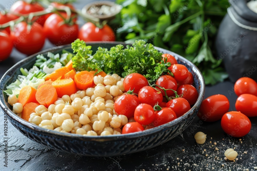 Detailed view of a plant-based diet meal with fresh vegetables and grains ultra-high detail Detailed view of a plant-based diet meal with fresh vegetables and grains ultra-high detail