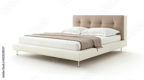 Clean and modern double bed, isolated on white background, ideal for catalog