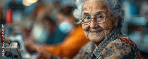 Detailed view of elderly seniors learning to sew in a sewing class ultra-high detail