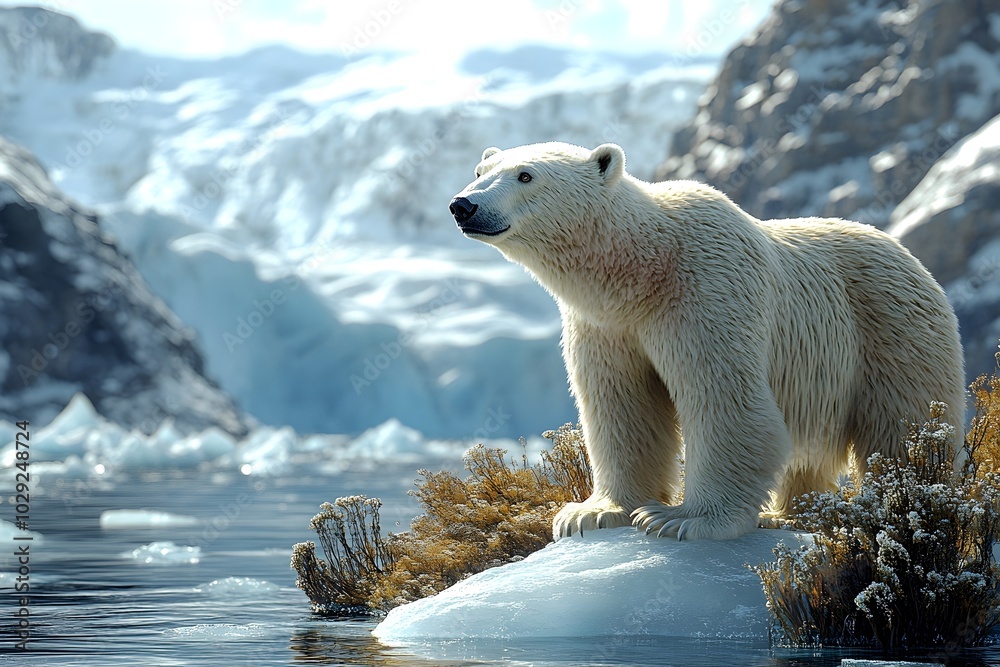 a polar bear standing on an ice floe, with a vast expanse of icy water and glaciers in the background. polar bear standing on ice floe, arctic wildlife, polar bear habitat a polar bear standing on an ice floe, with a vast expanse of icy water and glaciers in the background. polar bear standing on ice floe, arctic wildlife, polar bear habitat