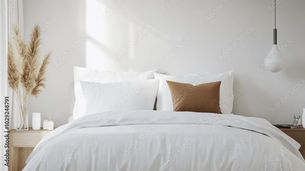 Clean and stylish double bed in a modern bedroom, minimal decor, white background