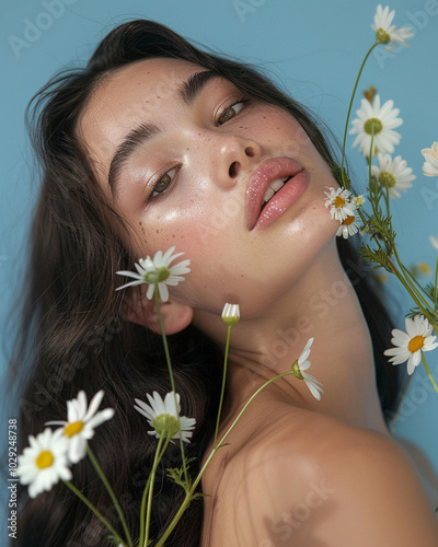 Beautiful woman with long dark hair is holding daisies flowers in a beauty concept