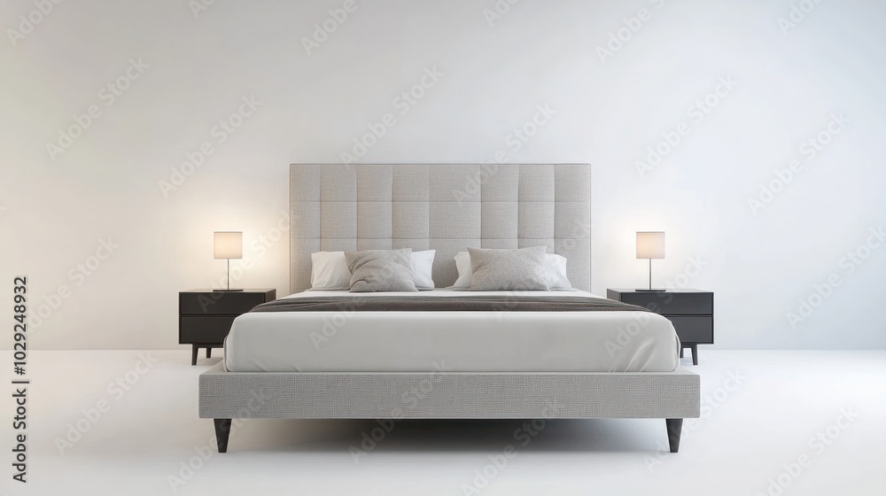 Clean and stylish double bed in a modern bedroom, minimal decor, white background Clean and stylish double bed in a modern bedroom, minimal decor, white background