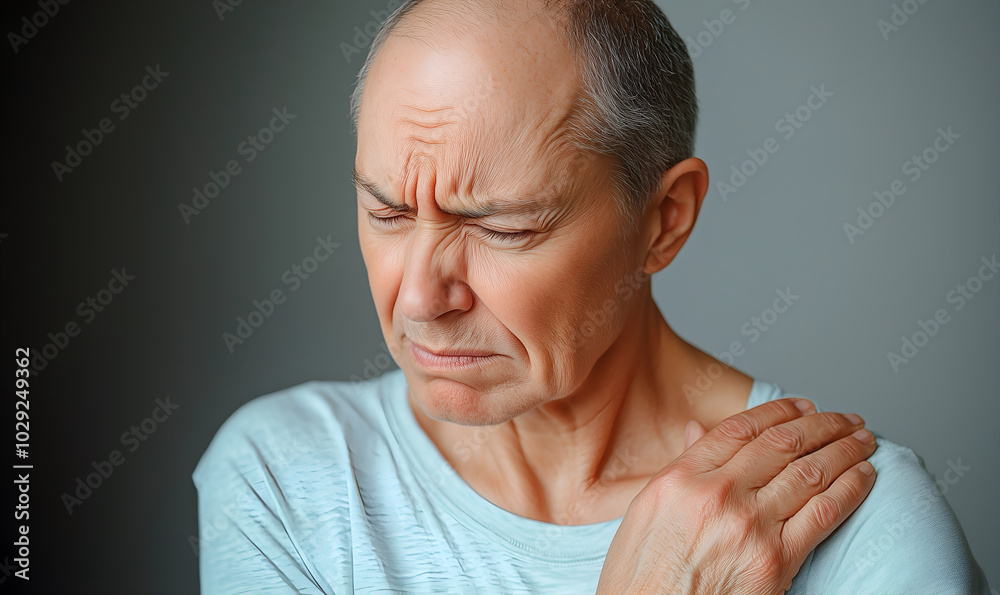 Fototapeta premium A European man clutching his shoulder as if experiencing discomfort or shoulder pain