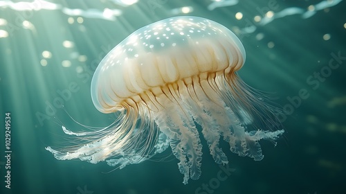 a delicate jellyfish drifting gracefully in the water, its translucent body illuminated by sunlight streaming from the surface above. jellyfish illuminated by sunlight photo