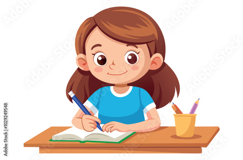 Cute brunette student girl sitting at desk writing in notebook