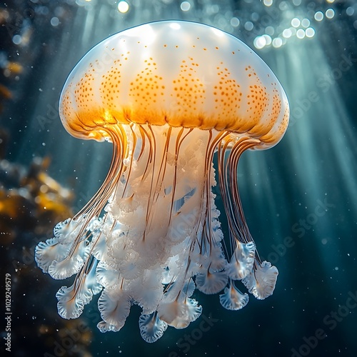 a delicate jellyfish drifting gracefully in the water, its translucent body illuminated by sunlight streaming from the surface above. jellyfish illuminated by sunlight photo