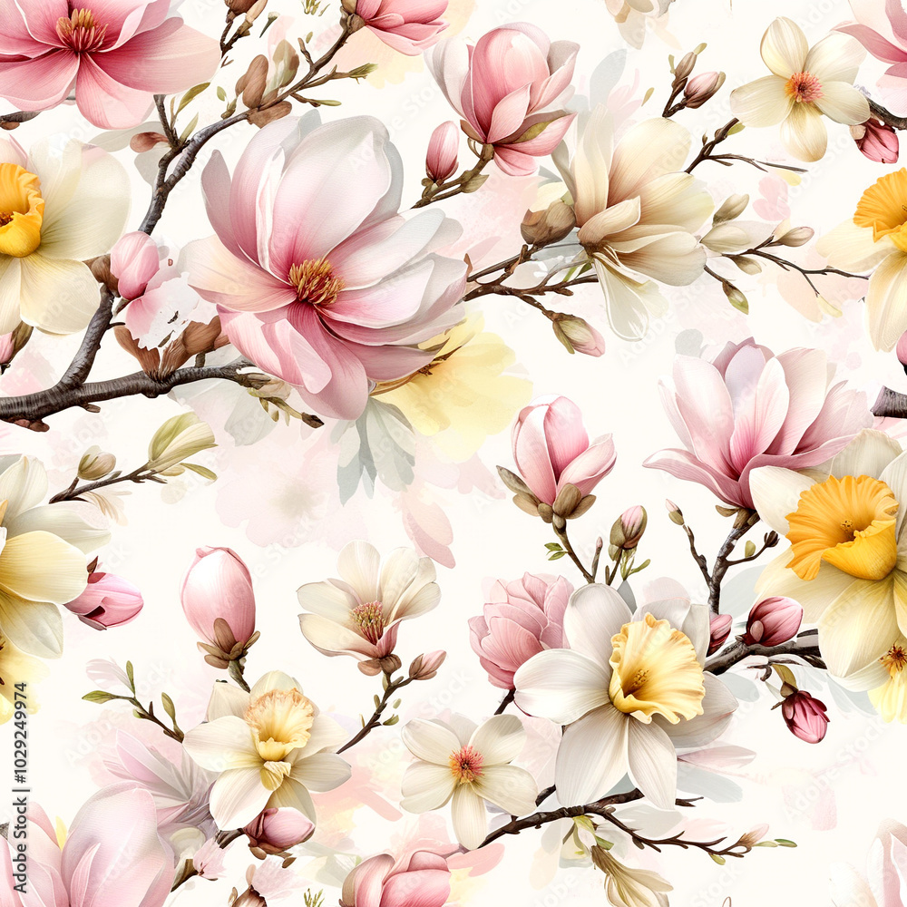 Obraz premium Blossoming spring garden showcasing magnolia and daffodil flowers in vibrant colors