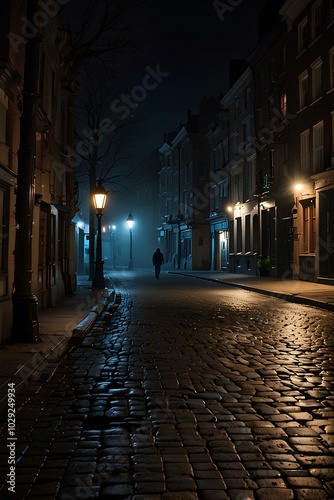 Mysterious Figure in the Mist: Ominous Shadow on Desolate Cobblestone Street